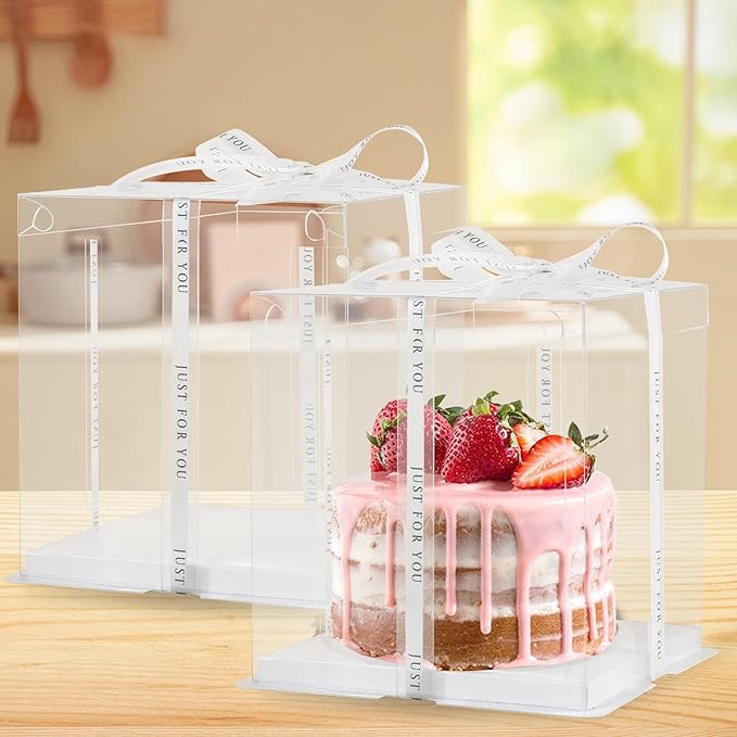 8Pcs Tall Cake Boxes Clear Box with Ribbon, 8x8x9 inch, for 6" cajas para pasteles Tiered Cakes,Transport Gift Boxes for Wedding Valentine'Day and Gift Display. (Clear, 8 * 8 * 9 inch/8pcs)