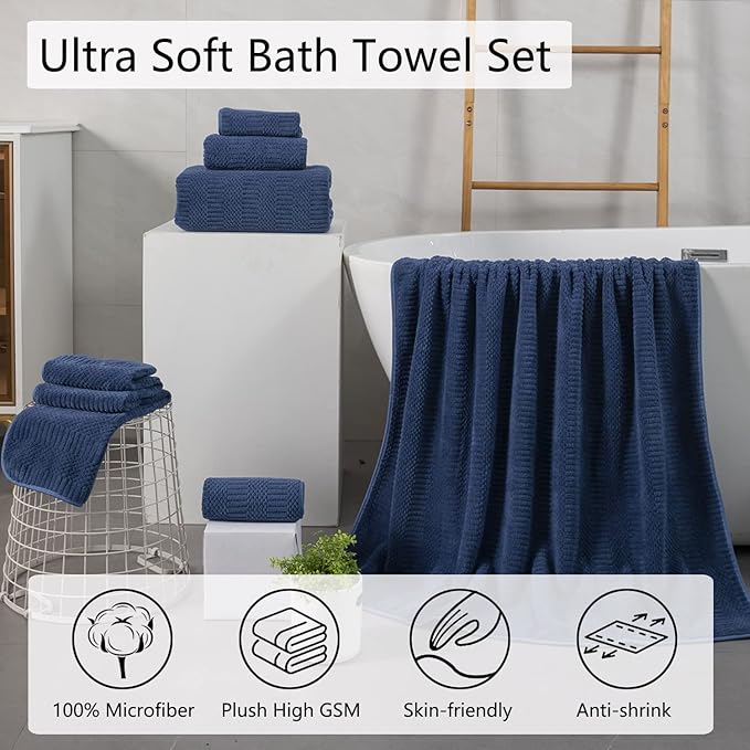 Oliven 4 Pcs Navy Large Bath Towel Set 35"x70" Extra Large Bath Sheets Oversized Jumbo Towels for Bathroom 600GSM Soft Highly Absorbent Quick Dry Beach Chair Towel Woven Towels for Hotel and Spa