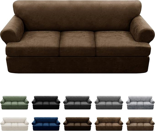 4-Piece T Cushion Sofa Slipcovers - Leather Look Couch Cover for 3 Cushion Couch - Furniture Protector - Stretch Sofa Cover with 3 Individual Seat Covers - Washable, Dark Brown