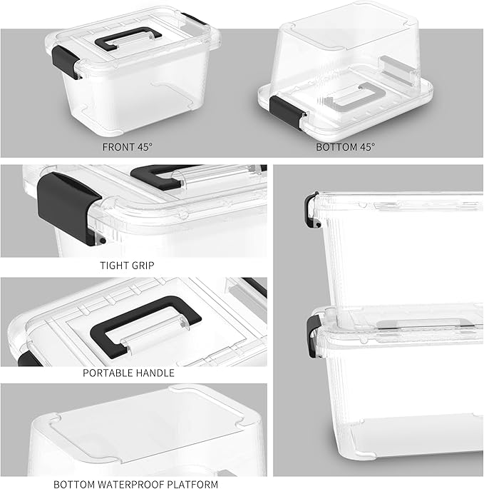 Lidded Storage Bin, Tote Organizing Container with Handle and Buckles, Stackable, Plastic, Clear, 6.8Qt, Pack of 20