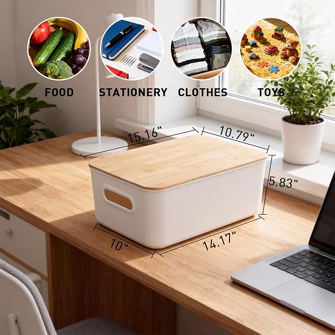 Citylife Storage Bins with Bamboo Lids 16QT Plastic Storage Containers Stackable Organizer Boxes with Handle for Desk Snacks, Toys, 2 PCS, 15" L x 10.6" W x5.8 H
