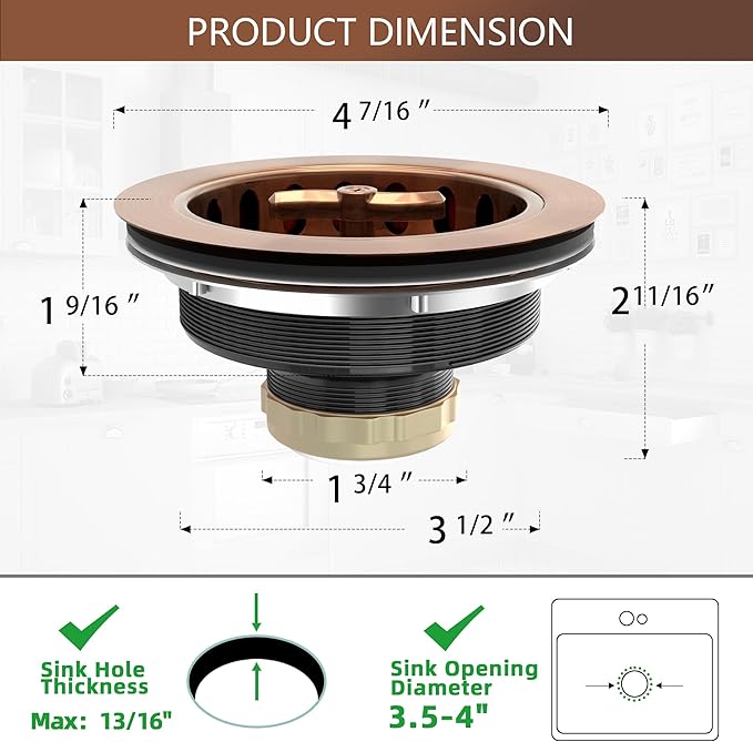 Kitchen Sink Drain Assembly 3-1/2 Inch Stainless Steel Kitchen Drain with T-Shaped Sink Strainer Basket and Drain Stopper for Standard Kitchen Sink Antique Copper