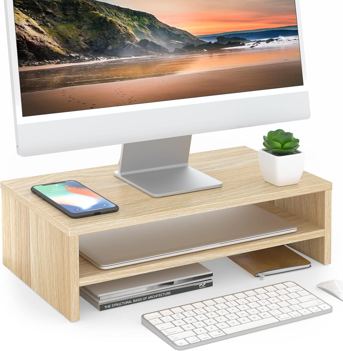 FITUEYES Wooden Monitor Stand Riser, 2-Tier Desk Storage Shelf - Image 1
