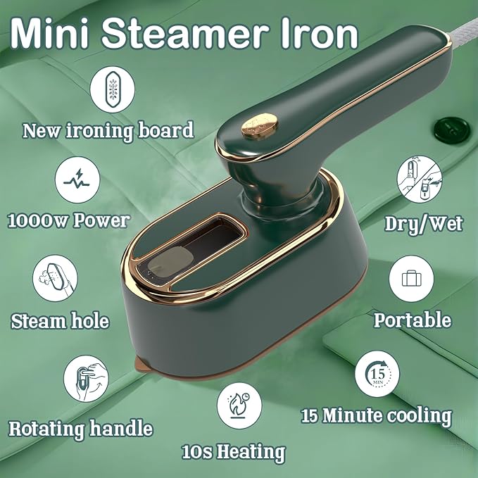 Travel Steamer Iron for Clothes - Portable Ironing Machine Small Size Portable Steamer Travel College Dorm Home Essentials (Green)