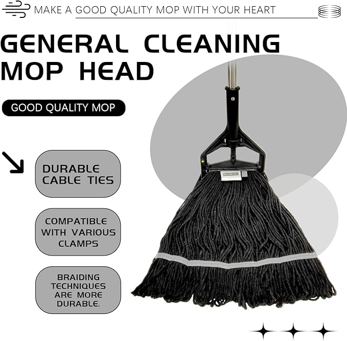 Commercial Cotton Mop Heavy-Duty Industrial with 2 Replacement Heads 152 cm Handle Replacement mop Head (Black)