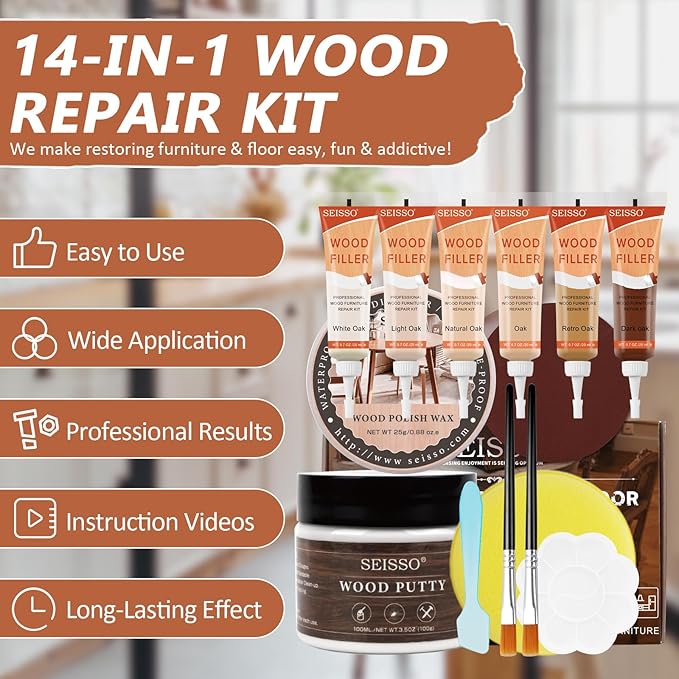 Natural Oak Wood Furniture Repair Kit, 6 Colors Wood Filler with Wood Putty, Wood Polish Wax for Holes, Scratches, Cracks, Stains, Restore Tables, Doors, Floors, Cabinet, Oak, Walnut - Set of 14