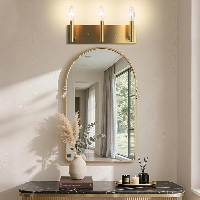 Kalium Bathroom Light Vanity Fixtures Over Mirror, 3-Lights Modern Brushed Gold Wall Sconces, Minimalist Wall Lights for Livingroom Bedroom Entryway Hallway Staircase, E12 Base(Bulbs Not Included)