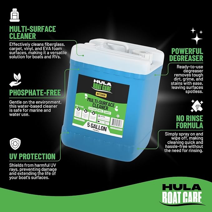 Hula Multi-Surface Cleaner — Vinyl, EVA Foam and Carpet, 5 Gallon — Bulk Marine Interior Cleaner for Detailers and Fleets, Biodegradable, Made in USA