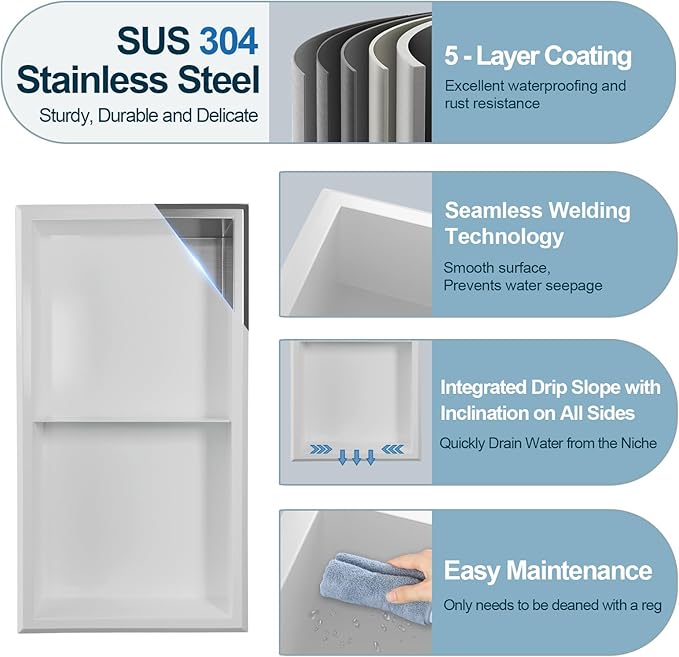 Shower Niche, 12" x 24" White Bathroom Niche, No Tile Needed Wall Niche, Double Shelves Bathroom Organizer, Modern in Wall Two-Tier Niches, 304 Stainless Steel Recessed Shower Shelf