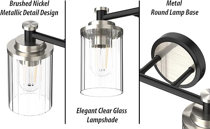 Bathroom Lighting Fixtures Black and Brushed Nickel Bathroom Vanity Light with Cylindrical Clear Stripes Glass Lampshade E26 Socket Base Bathroom Lighting Fixtures Over Mirror (4 Lights)