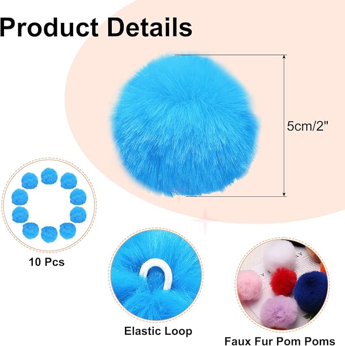 uxcell 2 Inch Faux Fur Pom Pom Balls, 10 Pcs Lake Blue Fluffy Soft Faux Fur Pom Poms for Hats with Elastic Loop for DIY Knitting Hats Keychain Scarves Gloves Bags Shoes Accessories