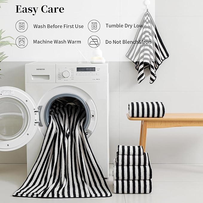 18-Piece Microfiber Bath Towels Set - 6 Bath Sheet, 6 Hand Towels, 6 Washcloths, Soft, Highly Absorbent Bathroom Towel, Quick Dry & Less Lint Shower towel for Bathroom, Hotel, Spa, Dorm-Black White