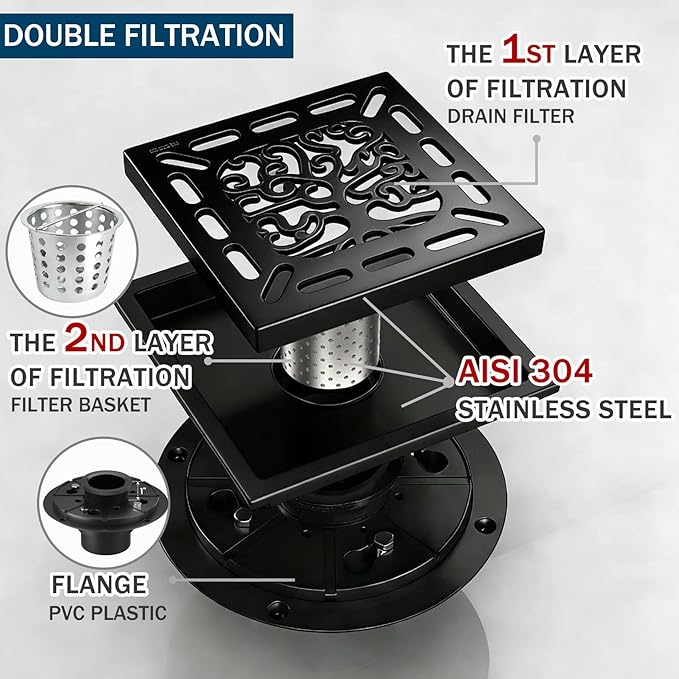 4 Inch Shower Drain, Square Shower Floor Drain Kit with Flange and Removable Cover Grate, AISI 304 Stainless Steel, Matte Black
