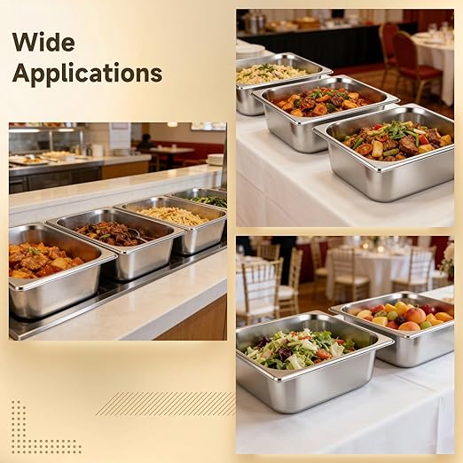 4 Pack Hotel Pan with Lid, Stainless Steel Deep Steam Table Pan, 5.9 L Stackable Food Storage Container for Kitchen, Restaurant, Catering, Buffet Serving