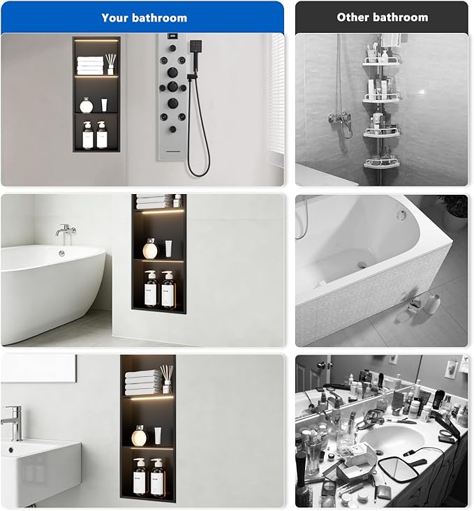 QAOYEDE 12"X30" Stainless Steel Shower Niche 3-Tier Shelf, Matte Black with Waterproof LED Light, No Tile Needed Recessed Wall Organizer for Bathroom