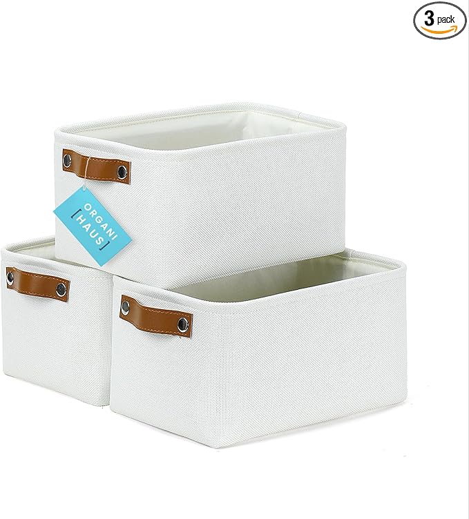 OrganiHaus Small Fabric Storage Baskets for Shelves 3 Pack, 12x08in Closet Storage Bins for Shelves, Canvas Baskets for Organizing, Linen Closet Organizers, Cloth Basket, Off-White