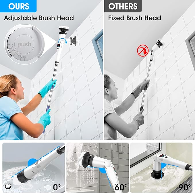 Electric Spin Scrubber, Shower Scrubber with Long Handle & 3 Speeds, 5200mAh Rechargeable Cordless Power Scrubber, Retractable & Adjustable Angle Spin Brush for Bathroom/Tub/Floor/Tile (Blue)