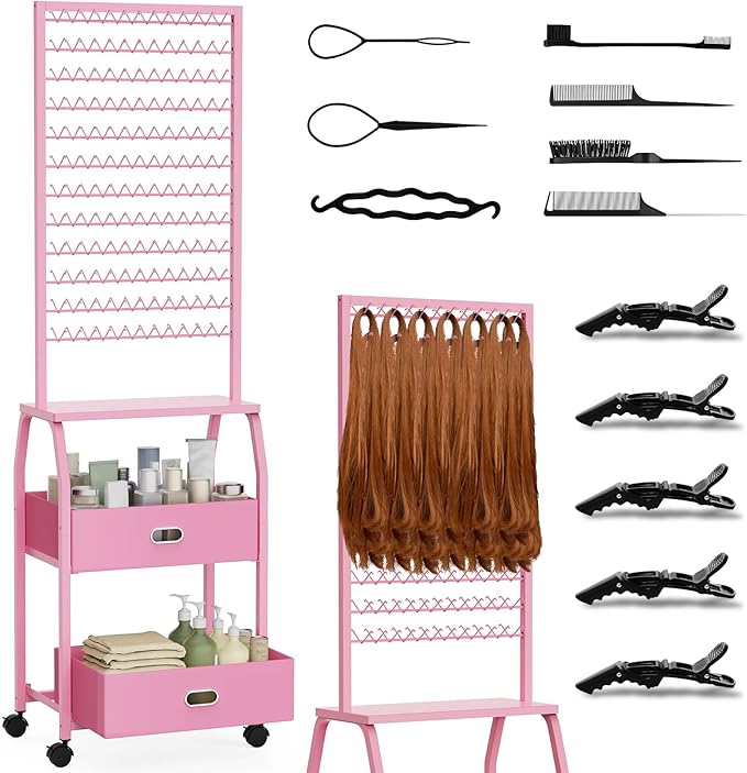 Portable Braiding Hair Rack with Wheels & Storage Drawers,2-Sided 288 Pegs,Hair Extension Holder Hanger for Braiding Hair Separator Stand Display,Hair Rack with Stylist Hair braiding Tools（Pink）