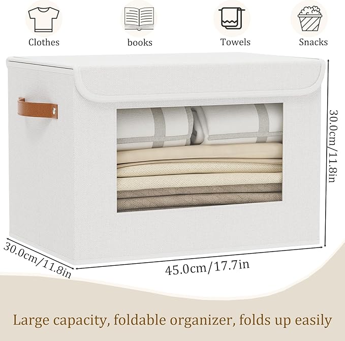 Storage Box with Handles, Decorative Linen Closet Organizer, Storage Bin for Shelves with Lid, 17.7 x 11.8 x 11.8 Inch, White, 1-Pack