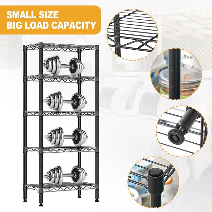 Heavy Duty Stainless Steel Kitchen Storage Rack, Adjustable Shelf Organizer with Non-Slip Mats, Black, for Cabinets, Countertops, Pantries (5-Tier Rack)