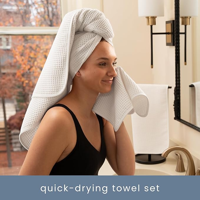 S&T INC. Aura Towel Set, 6 Piece Set, Premium Waffle Weave, Bath Towels, Wash Cloths and Hand Towels for Bathroom, Kitchen, and Home, Absorbent and Fast Drying Microfiber, 420gsm, 6 Pack, White