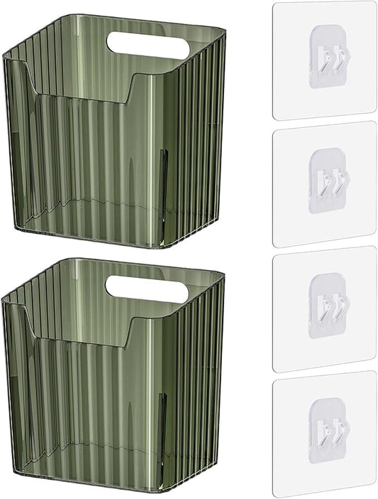 Set of 2 Storage Organizer Bins Wall Mounted Floating Shelves Fridge Organizer Stackable Clear Plastic Storage Bins for Wall, Refrigerator, Kitchen, Bathroom, Countertops, Pantry, BPA Free (Green)