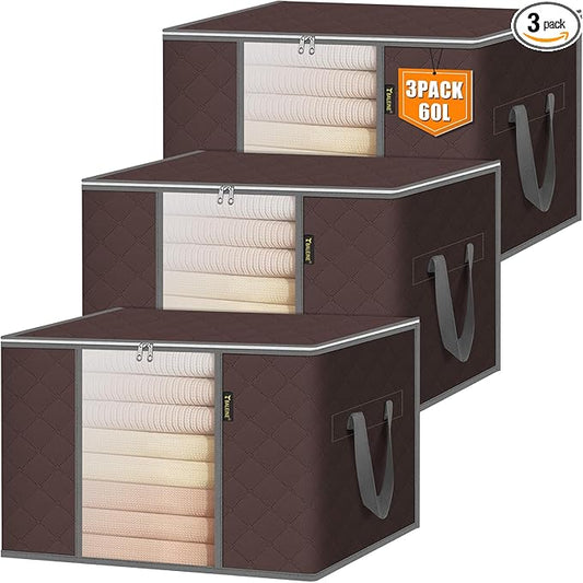 BALEINE 3 Pack Clothes Storage Bags, 16 Gallon Storage Containers with Reinforced Handle, Sturdy Zipper, Closet Organizer for Blanket, Comforter, Pillow, Bedding (Brown, 3 Pack)