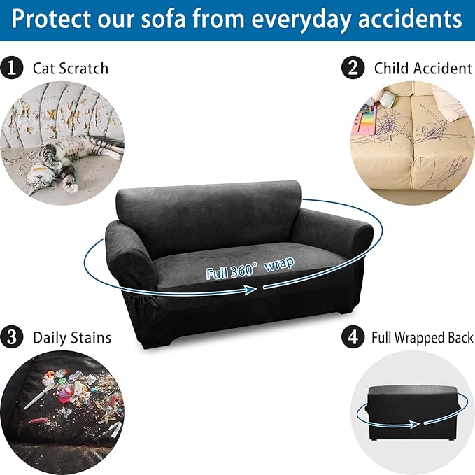 Loveseat Sofa Slipcover Leather Look Couch Covers for 2 Seater Couch Sofa 1-Piece Sofa Cover Stretch Furniture Protector with Elastic Bottom & Pockets(Loveseat, Dark Grey)