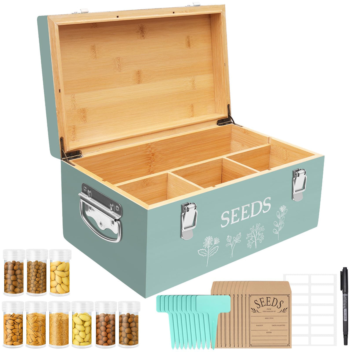 Large Bamboo Wood Seed Storage Organizer Box with Lid - Image 1