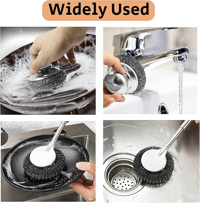 Steel Wool Scrubber with Handle, Stainless Steel Pan Cleaner Scrubber with Long Short Handle Cleaning Brush Metal Scrubber with Replacement, Steel Scrubber for Dishes Tableware Home Kitchen