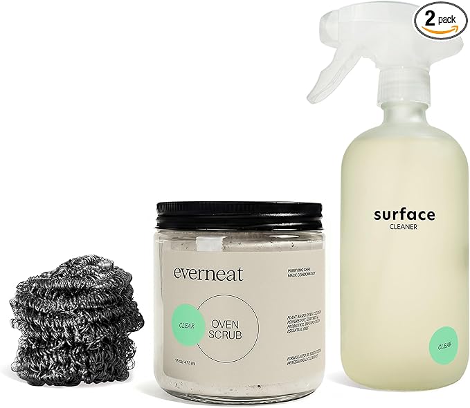 Everneat Oven Cleaning Kit: Natural Oven Cleaner and Kitchen Cleaner | Heavy Duty | Grill, Stovetop, Rack | Fume-free | Non-toxic | Safe to Clean All Ovens (Unscented) | Refillable Glass Jar & Bottle