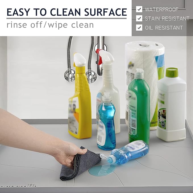 Heavy Duty Silicone Under Sink Mats for Kitchen Waterproof 25" x 22", Extra Thick Under Sink Rubber Mat Drip Tray, Raised Edge Under Sink Liner,Prevent Drips, Leaks, Spills,Grey
