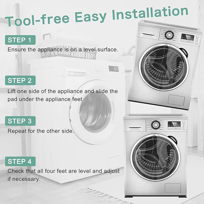 DEWEL Anti Vibration Pads for Washing Machine, Washer and Dryer Pedestals, Rubber Washing Machine Foot Pads Shock Absorbing & Non-Slip Protect The Laundry Room Floor (4 Pcs)