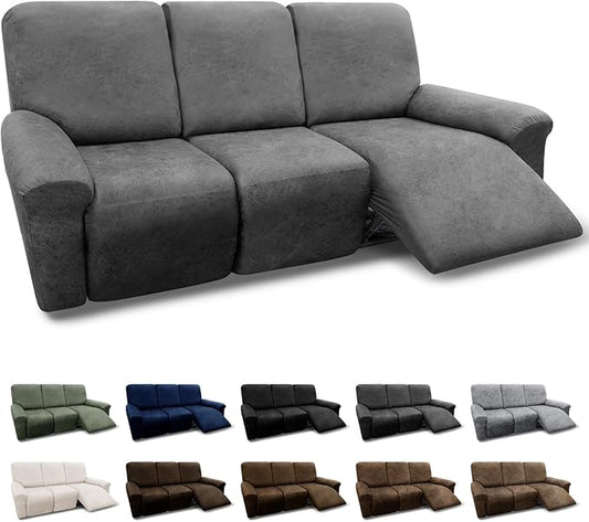 Couch Covers 8-Piece Set, Washable Recliner Sofa Covers 3 Seater Leather Look Slipcovers with Pockets, Spandex Fabric, Grey