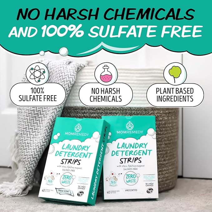 MomRemedy Laundry Detergent Sheets with Powerful Stain Fighting Enzymes - Made in EU, Sulfate Free, Zero Waste Laundry Sheets Detergent in Recyclable Packaging - Travel Friendly 60 Count (Fresh Scent)