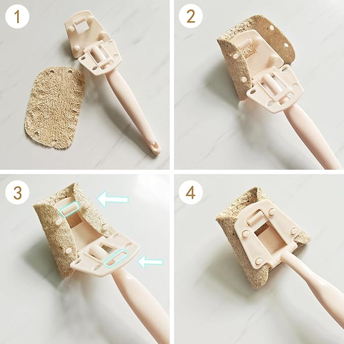 Natural Loofah Sponge with Handle, 5-Piece Replaceable Eco Sponges for Cleaning, Non-Scratch Scrubber for Dishwashing Cookware Pans, Kitchen Eco-Friendly Tools