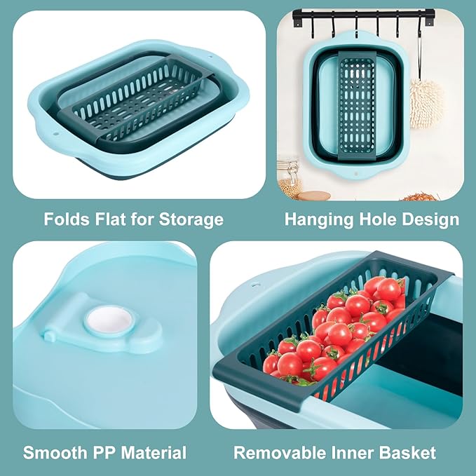 2-Pack Foldable Wash Basin for Vegetables,Collapsible Portable Sink Set in Pink & Green,Kitchen Storage Tray-Laundry,Dishes,Indoor,Outdoor,RV & Camping-Leak-Proof Drain Design