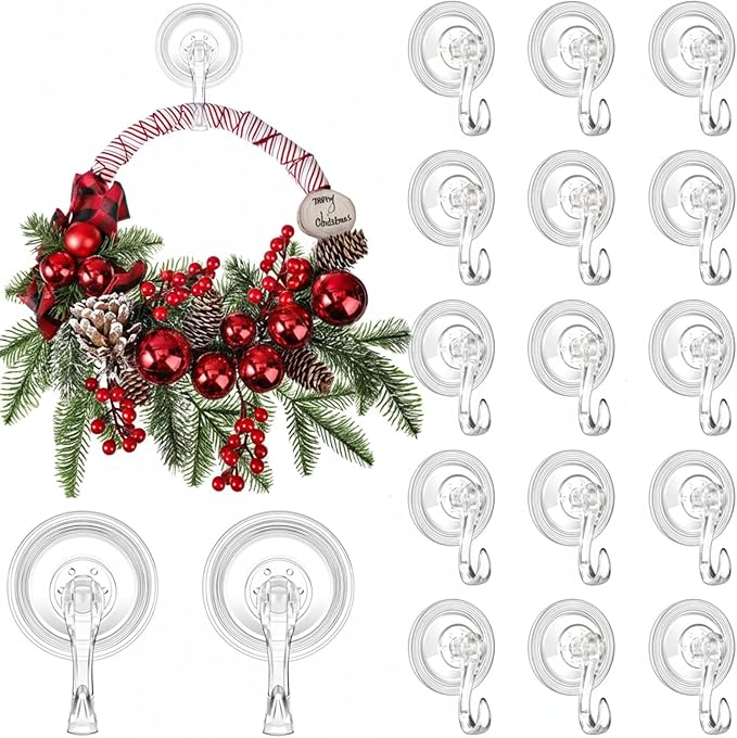Yookeer 10 Pcs Christmas Wreath Hanger Suction Cup Hooks Heavy Duty Reusable Suction Cups Large Clear Door Wreath Hanger for Glass Door Window Hooks