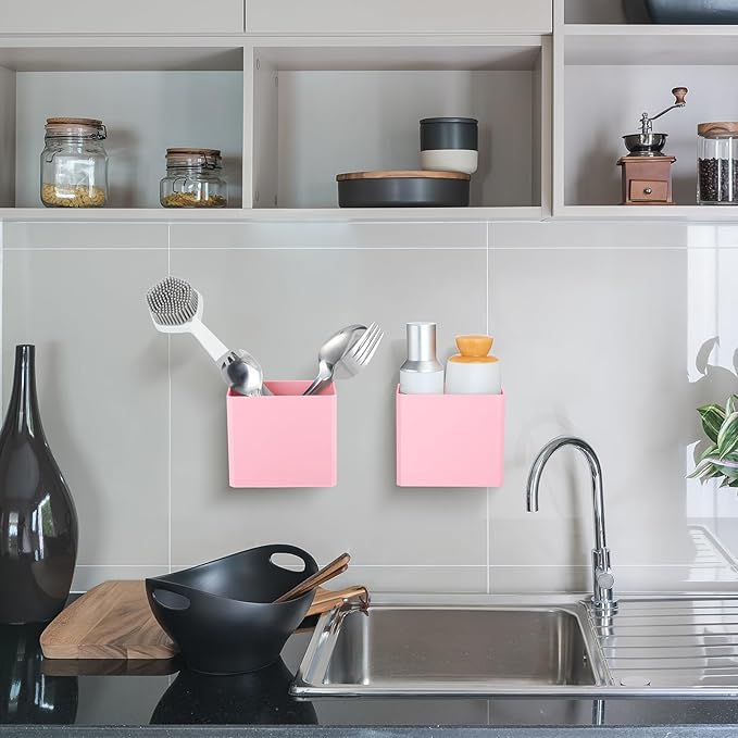Suclain 2 Pcs Wall Mounted Organizer Non-drilling Adhesive Floating Shelf Wall Bin Organizer Hanging Storage Containers for Bedroom Bathroom Kitchen Office (Pink)