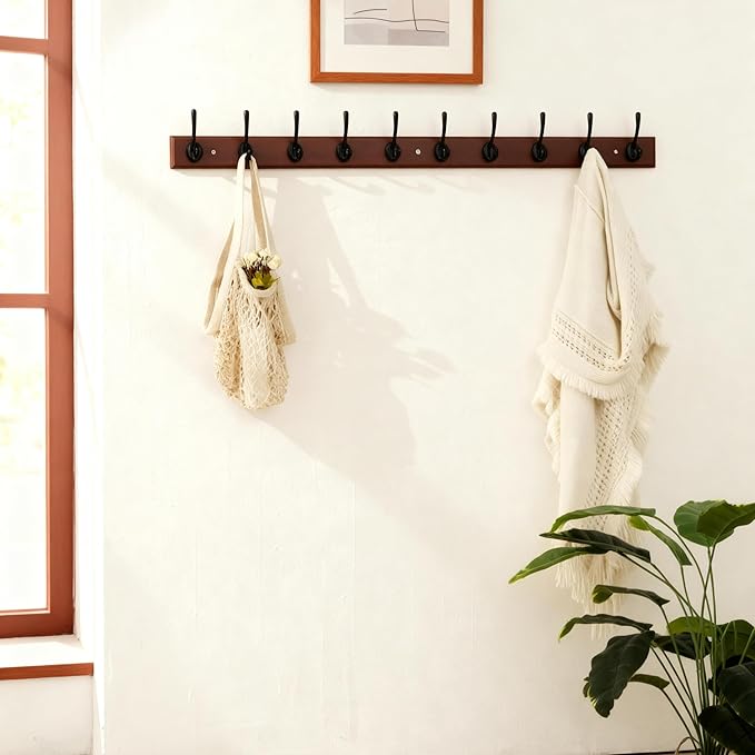 Dseap Coat Rack Wall Mounted: 10-Hooks, 38-1/4" Long, 16" Hole to Hole, Wood Coat Hooks Wall Mounted, Hook Rack, Hook Rail, Hooks for Hanging Coats, Light Walnut & Black