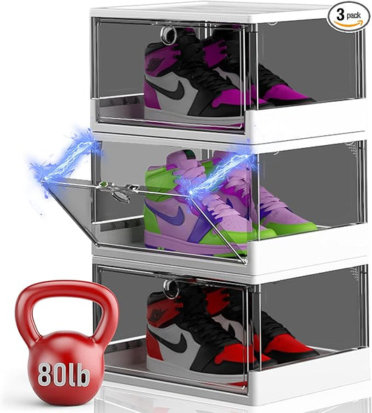 Thicken & Sturdy Clear Shoe Boxes with Magnetic Door, 3 Pack Stackable Multi-functional Shoe Storage, Shoe Organizer for Closet, Space Saving, 360 ° Dustproof & Moisture-proof, Fits Up to US Size 13