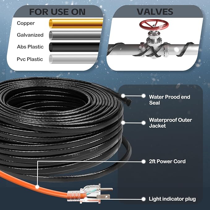 28FT（3FT-200FT） Pipe Heating Cable for Pipe Freeze Protection, Heat Cable for Water Pipes(Metal and Plastic), Pipe Heat Tape Keeps Water Flowing at -40°F 5w/ft, 120V Plumbing fixture