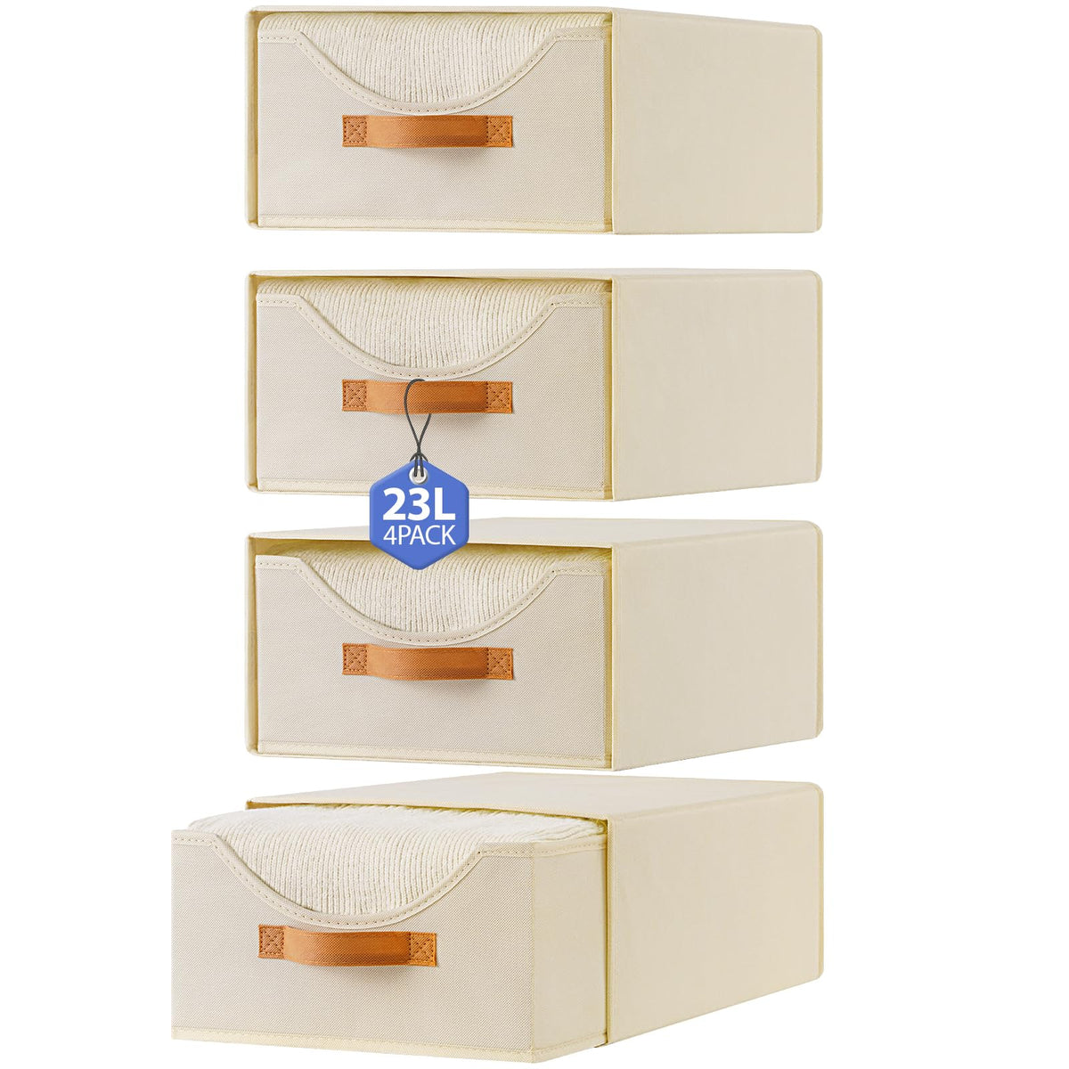 4 Pcs Pull-Out Stackable Storage Drawers for Closet, Beige - Image 1
