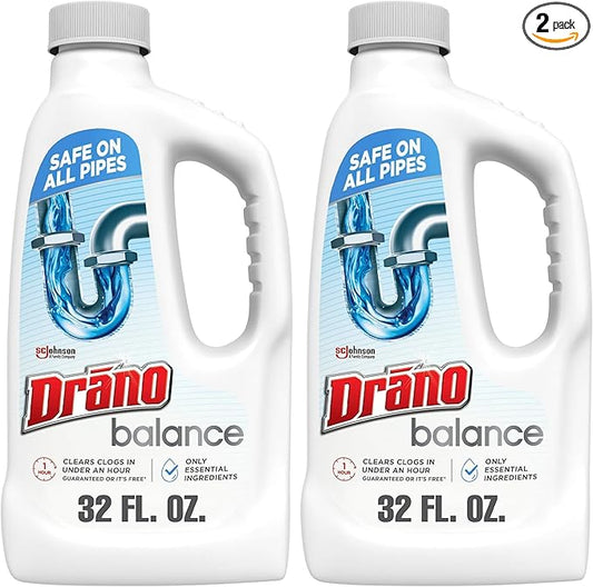 Drano Drain Clog Remover, Non-Corrosive Formula, 32 Fl Oz, Pack of 2 | Safe on All Pipes | Essential Ingredients