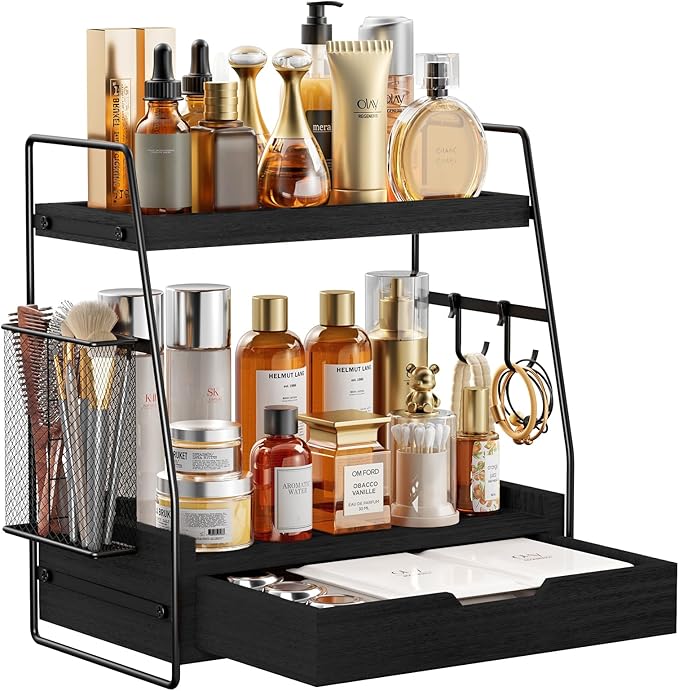 2 Tier Bathroom Counter Organizer Wood - Tiered Bathroom Countertop Shelf with Drawer, Removable Basket & 2 Hooks, Makeup Vanity Organizer for Skincare Perfume Toiletries, 13'' Black