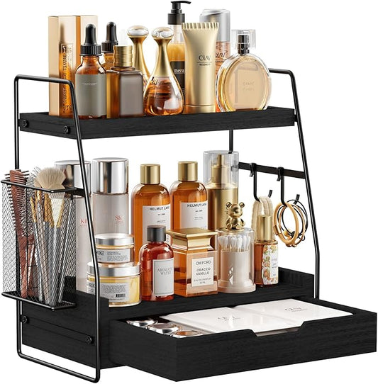 2 Tier Bathroom Counter Organizer Wood - Tiered Bathroom Countertop Shelf with Drawer, Removable Basket & 2 Hooks, Makeup Vanity Organizer for Skincare Perfume Toiletries, 13'' Black