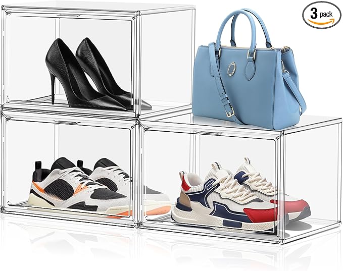 3 Pack X-Large Acrylic Shoe Display Case Size 14 Clear Stackable Handbag Organizer Sneaker Storage Box Shoe Contianers with Magnetic Door Purse Organizer for Closet