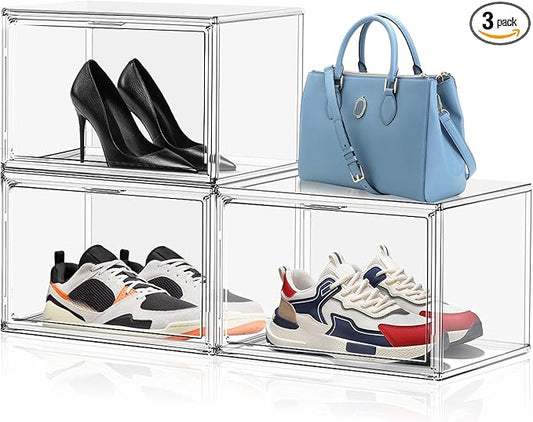 3 Pack X-Large Acrylic Shoe Display Case Size 14 Clear Stackable Handbag Organizer Sneaker Storage Box Shoe Contianers with Magnetic Door Purse Organizer for Closet