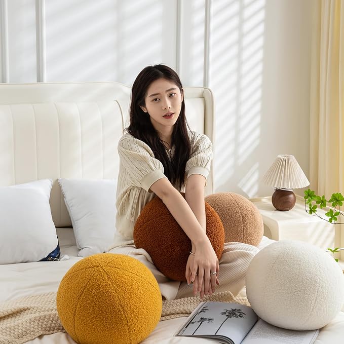 11.8 inch Ball Pillow Nordic Round Throw Pillows Boucle Ball Pillow Sphere Shaped Pillow Round Decorative Pillow for Couch, Sofa, Bedroom (Caramel, 11.8 inch)