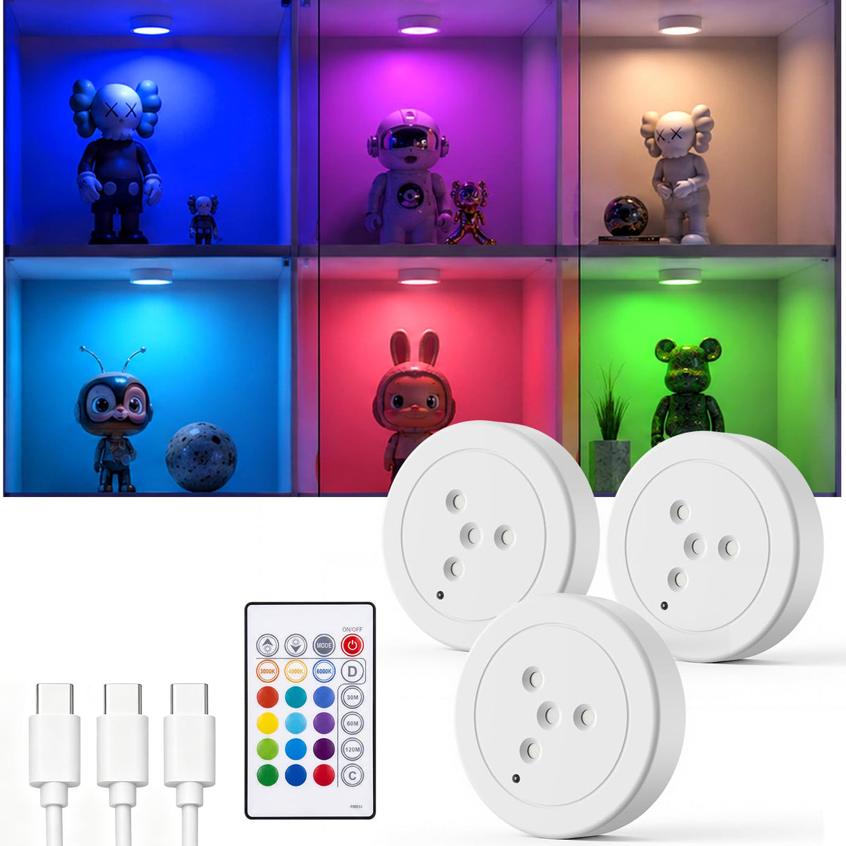 RGB Rechargeable Puck Lights with Remote, Magnetic Closet Shelf - Image 1